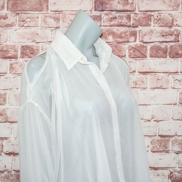 UNIF cut out Cold Shoulder Back Sheer Blouse White Size Medium - Picture 10 of 11